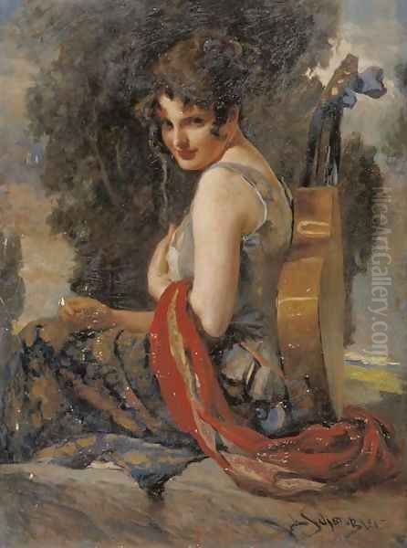 A gypsy girl with her guitar Oil Painting by Leopold Schmutzler