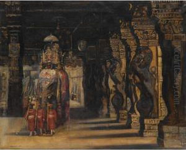 Indian Procession With Elephant Oil Painting by Gyula Tornai