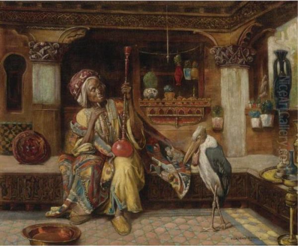 Smoker With Hookah And Marabou Oil Painting by Gyula Tornai