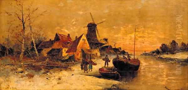 Figures unloading a boat by a village on a Dutch river Oil Painting by Marinus A. Van Straten