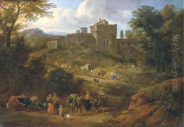 An Italianate landscape with travellers on a hilly path near a villa Oil Painting by Matthys Schoevaerts