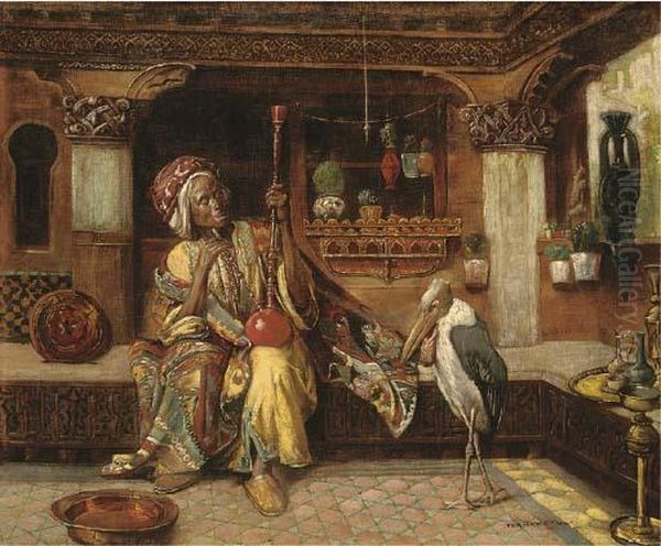 Oriental Smoker With Hookah And Marabou Oil Painting by Gyula Tornai