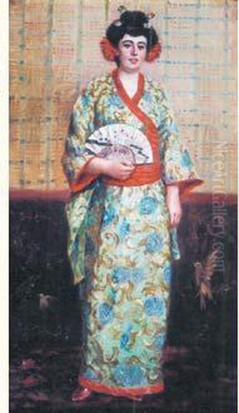 Femme En Costume Japonais Oil Painting by Gyula Tornai