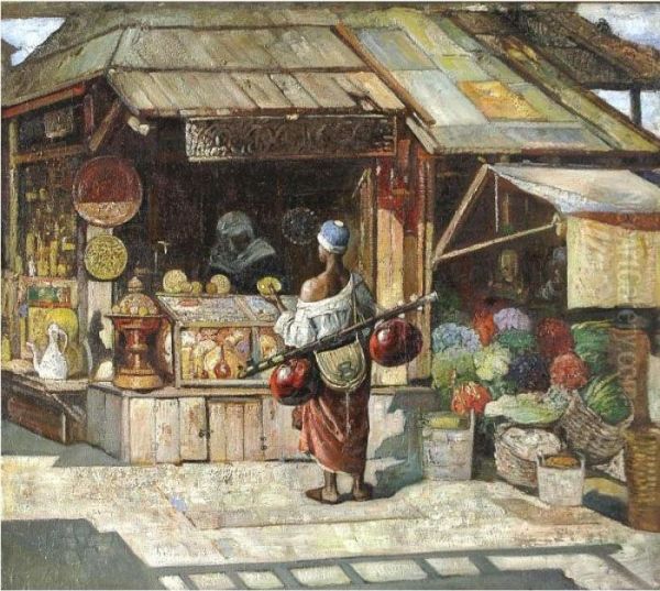 An Arab Marketplace Oil Painting by Gyula Tornai