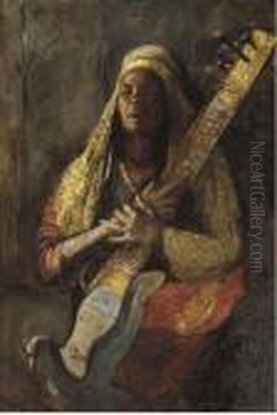 The Oriental Lute Player Oil Painting by Gyula Tornai