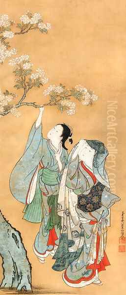 Beauties admiring a flowering cherry Oil Painting by Nishikawa Sukenobu