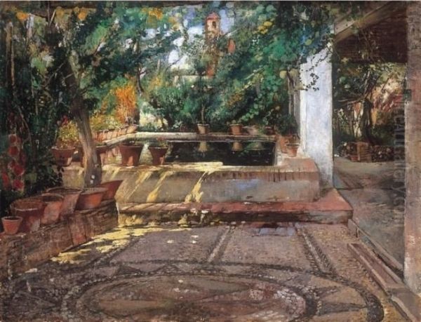 Shady Terrace Oil Painting by Gyula Tornai