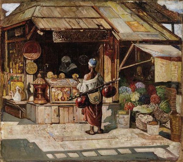 An Arab Marketplace Oil Painting by Gyula Tornai