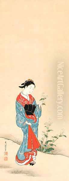 Courtesan holding a flower Oil Painting by Nishikawa Sukenobu