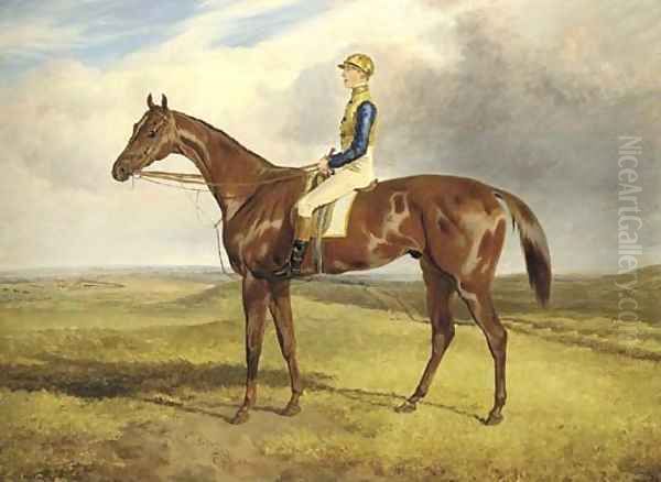 James Goater on Sultan, winner of the Newmarket Cambridgeshire 1855, in a landscape Oil Painting by Thomas Barratt Of Stockbridge