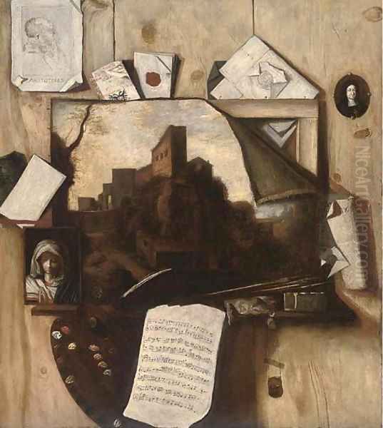 A trompe l'oeil of paintings, a drawing, an artist's palette, letters and a sheet of music Oil Painting by Antonio Mara, Lo Scarpetta