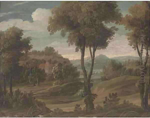 A wooded landscape with a country house Oil Painting by Antonio Tavella, Il Solfarola