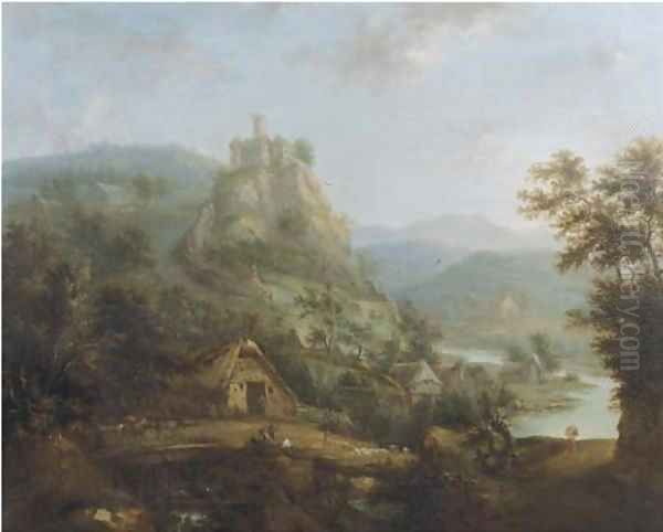 An extensive mountain river landscape with a bridge and peasants in a village by a river, a castle in the distance Oil Painting by Christian Cornelis Schutz