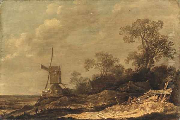 A dune landscape with figures conversing by a fence, a windmill and cottages beyond Oil Painting by Cornelis Symonsz. Van Der Schalcke