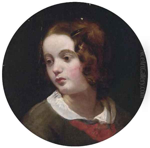 Portrait of a young girl, bust-length, in a green dress with a white collar Oil Painting by James Sant