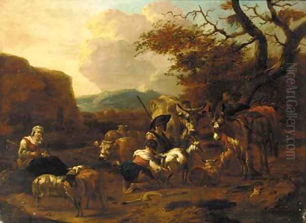 An evening landscape with herdsmen and shepherdesses, cattle and sheep resting nearby Oil Painting by Jan Frans Soolmaker