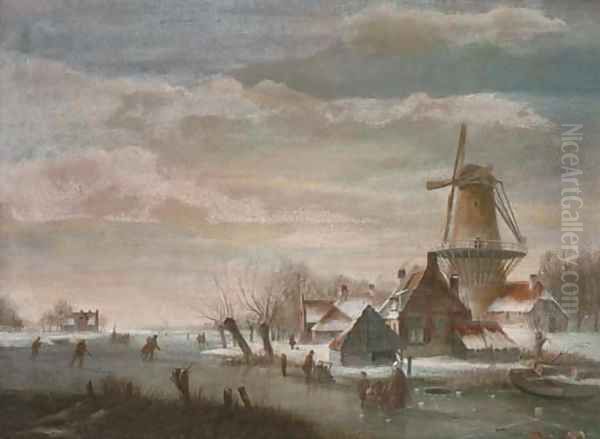 Skaters by a windmill in a Dutch winter landscape Oil Painting by Jan Jacob Coenraad Spohler