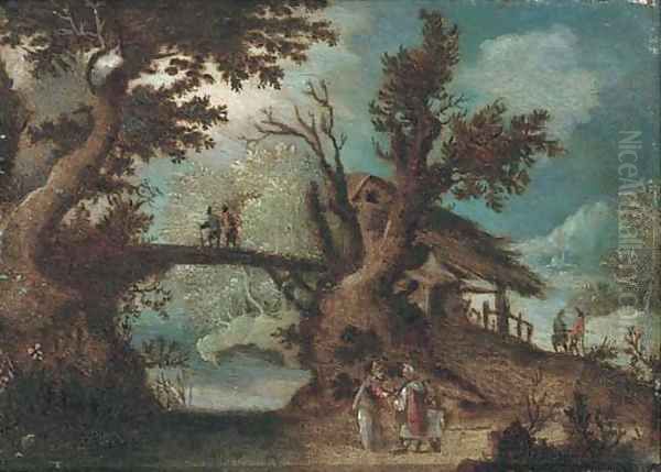 A wooded river landscape with peasants on a path Oil Painting by Pieter Stevens