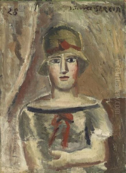 Figure Avec Chapeau Et Ruban Rouge (dame Au Ruban Rouge) Oil Painting by Joaquin Torres-Garcia