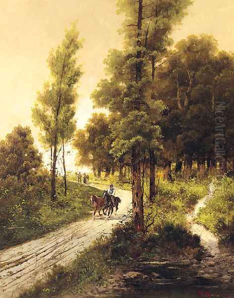 Travellers on a Track in a wooded Landscape Oil Painting by Alfred Steinacker