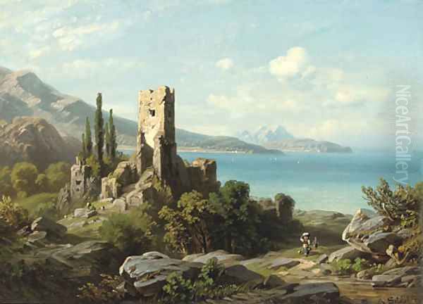 Figures walking past ruins on a coastal path, with the sea beyond Oil Painting by August Seidel