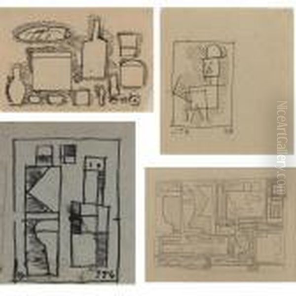 A Group Of Four Drawings: 
Objects (montevideo); Dos Figuras Abstractas; Un Hombre; Composicion Con
 Locomotiva Oil Painting by Joaquin Torres-Garcia