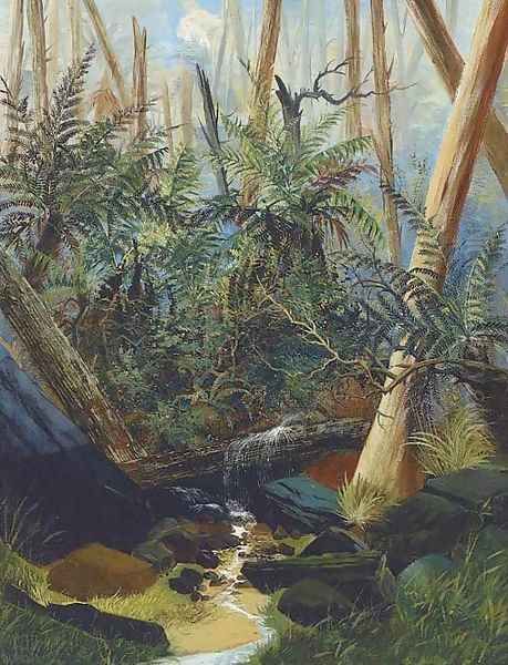 Palms at a tropical stream Oil Painting by English Colonial School