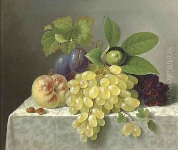 Still life with grapes, a peach and a lime Oil Painting by Friedrich Wilhelm Schon