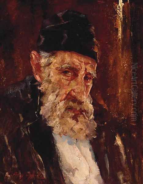 An Elderly Bearded Gentleman, Bust Length, Wearing A Hat Oil Painting by Greek School