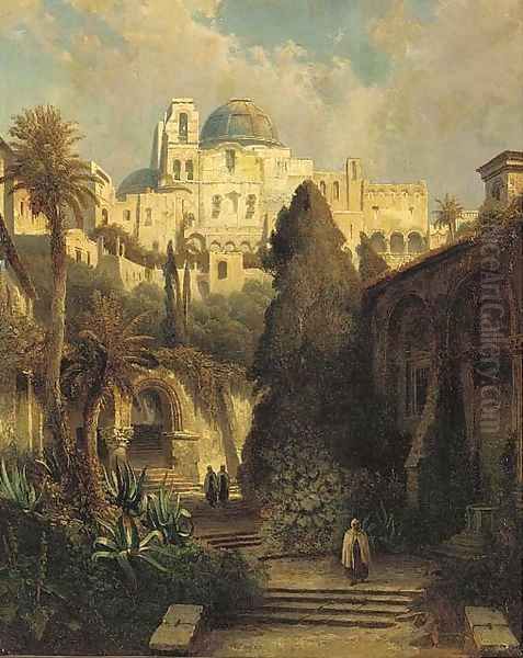 A garden below a mosque Oil Painting by Greek School