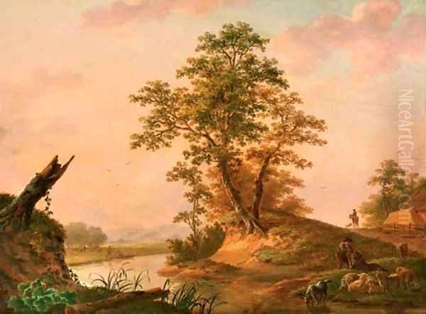 A river landscape with shepherds watering their flock Oil Painting by Jan Willem Surmont