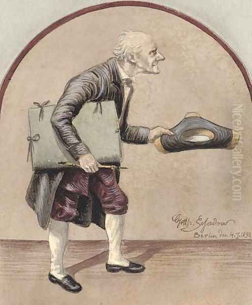 A caricatured self-portrait with portfolio and chalkholder Oil Painting by Johann Gottfried Schadow