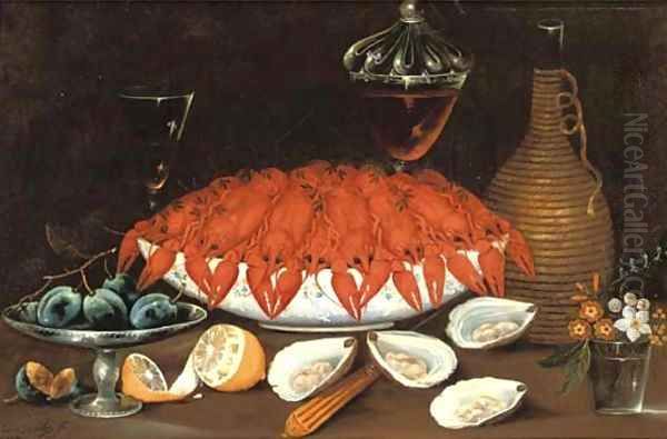 Crayfish in a porcelain bowl, oysters, a partially peeled lemon Oil Painting by Johann Seitz