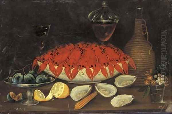 Crayfish in a porcelain bowl and plums on a tazza, Oil Painting by Johann Seitz