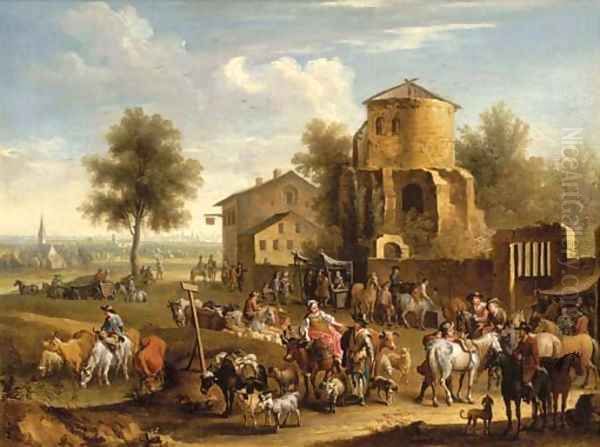 A market scene with a city in the distance Oil Painting by Joseph Stephan