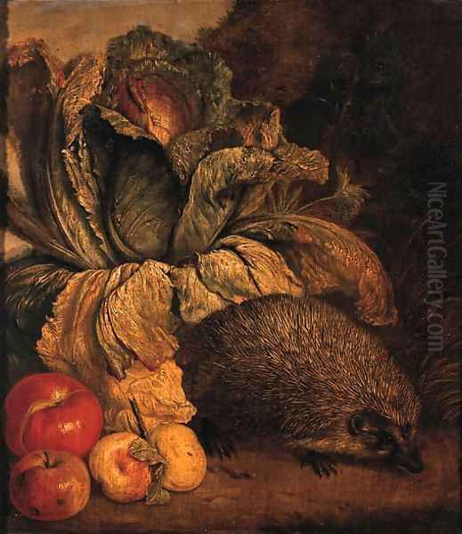 A hedgehog, a cabbage and apples at the foot of a tree Oil Painting by Philipp Sauerland