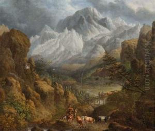 A Drover And Cattle Fording A Bridge In A Mountainous Landscape Oil Painting by Charles Towne