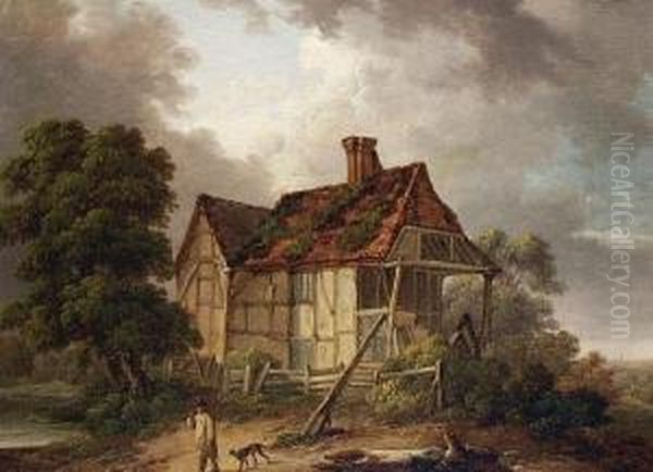 A Traveller And His Dog Before A Cottage Oil Painting by Charles Towne