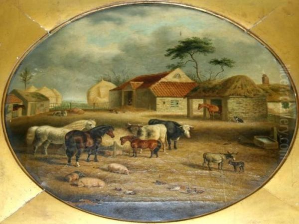 A Farmyard Scene With Horses, Cattle, Pigs, Poultry And A Dog Oil Painting by Charles Towne