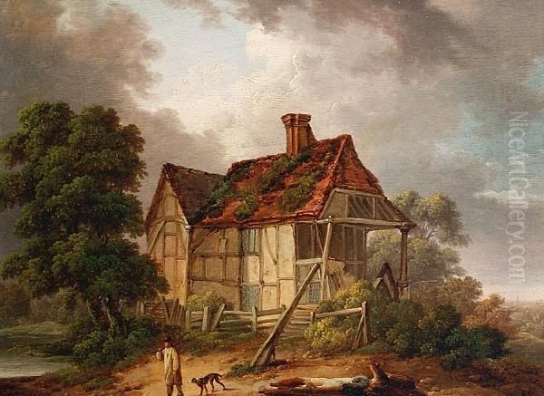 A Traveller And His Dog Before A Cottage Oil Painting by Charles Towne