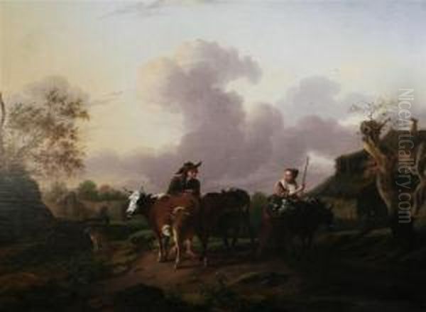 Pastoral Scene With Figures, Lambs, Cattle And A Donkey Oil Painting by Charles Towne