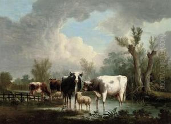 Cows And Sheep In A Water Meadow Oil Painting by Charles Towne