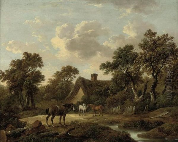 Horses Before A Country Cottage Oil Painting by Charles Towne