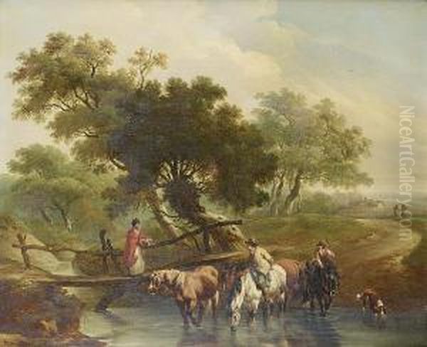 A Traveller With Cattle And 
Sheep On A Country Path Before Ruins; And Horsemen Watering Their Horses
 At A Stream Oil Painting by Charles Towne