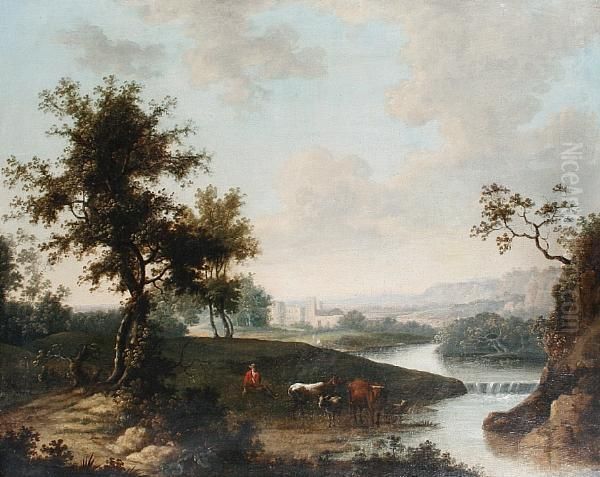 An Extensive River Landscape 
With A Drover And His Cattle Watering, A View To A Castle Beyond Oil Painting by Charles Towne