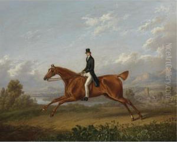 A Gentleman On A Galloping Chestnut Horse Oil Painting by Charles Towne