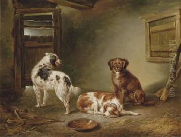 Three Dogs In A Barn Oil Painting by Charles Towne