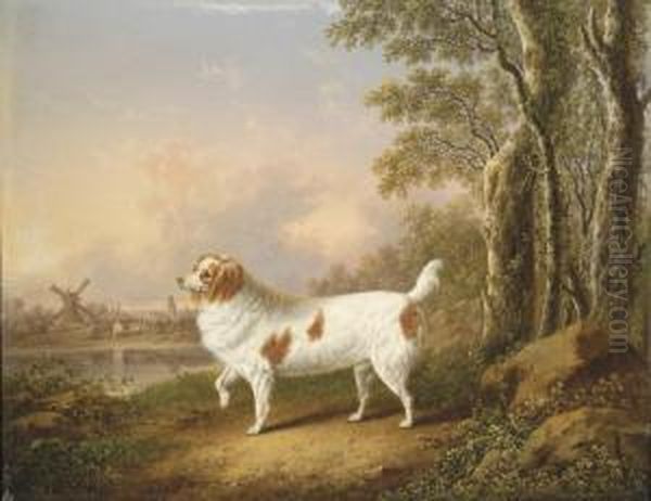 A Spaniel In A Wooded Landscape With A Town And Windmillbeyond Oil Painting by Charles Towne