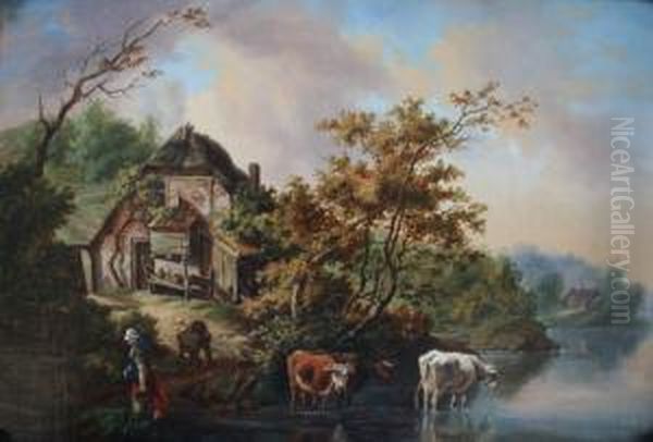 A Maid With Cattle By A Lakeside Homestead Oil On Canvas 26 X 38.5cm Oil Painting by Charles Towne