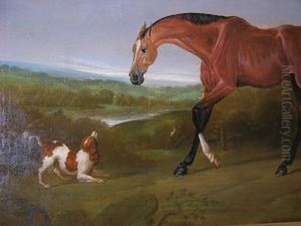 A Bay Horse And A Dog In A Landscape Oil Painting by Charles Towne